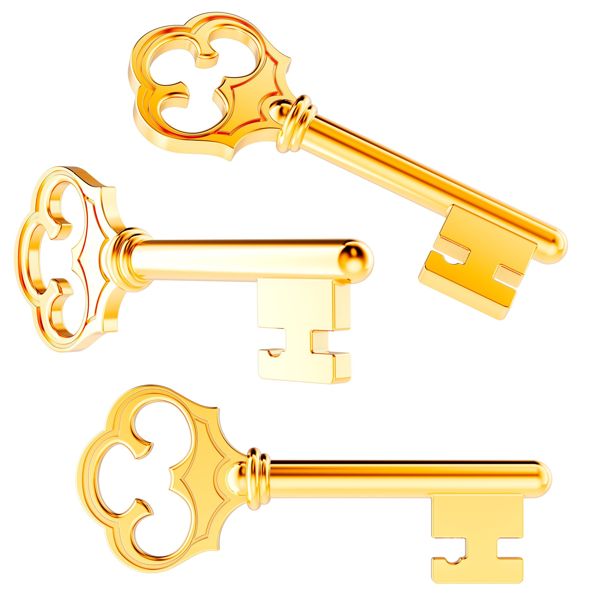 Golden key. Different views and angles, 3D rendering