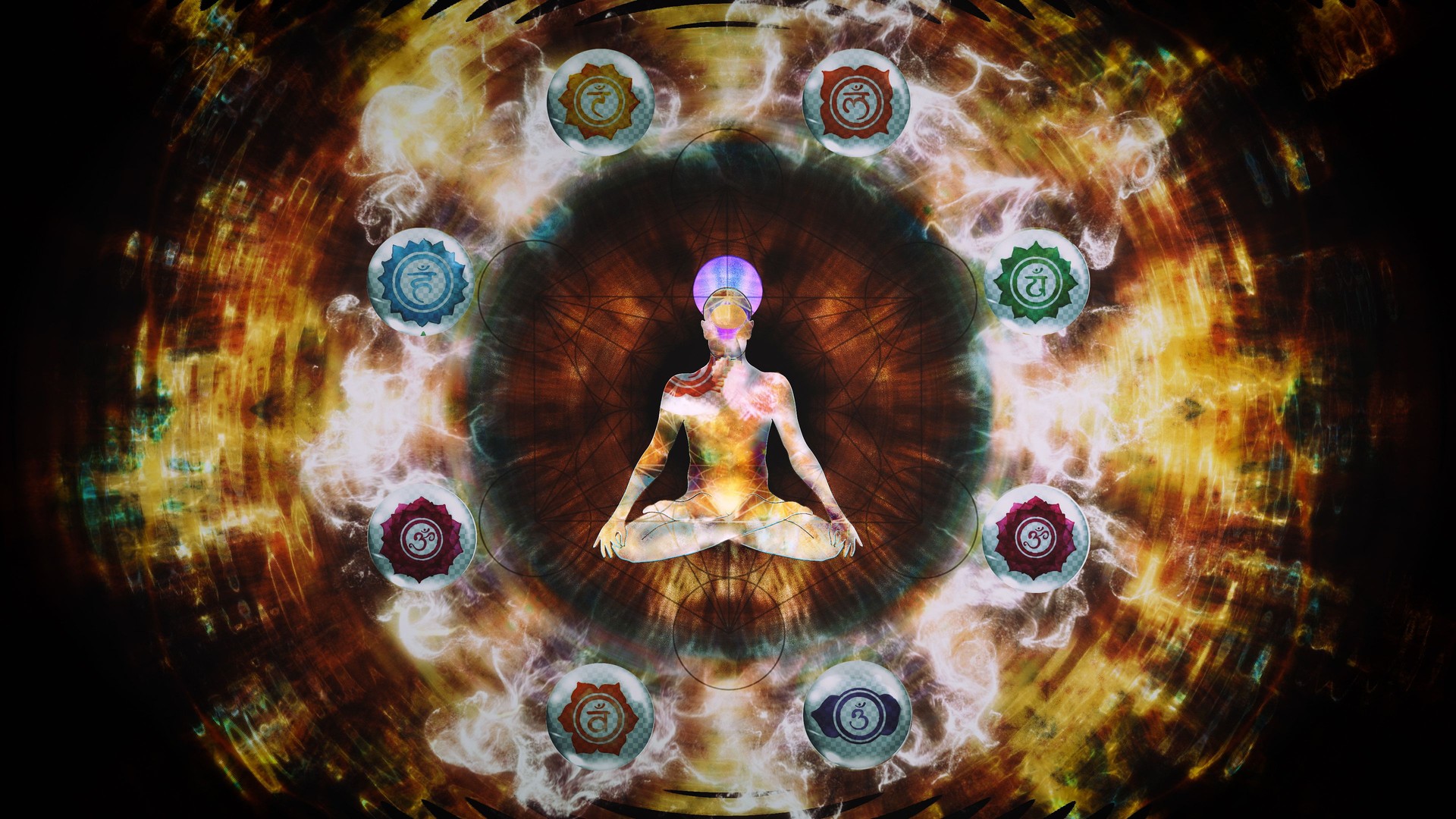 Illustration showing silhouette meditating and chakras orbiting around him on a psychedelic background